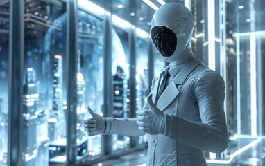 Fototapeta premium Alien businessman giving a thumbs up in a futuristic office sleek silver decor holographic displays cosmic cityscape outside