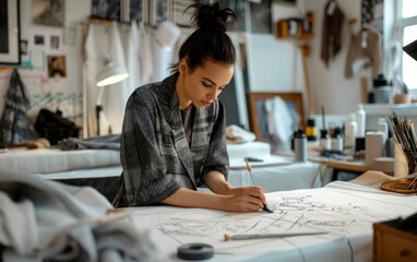 Fashion designer in a studio focused on cutting dress material on drawn sketch lines surrounded by sewing essentials creating bespoke clothing