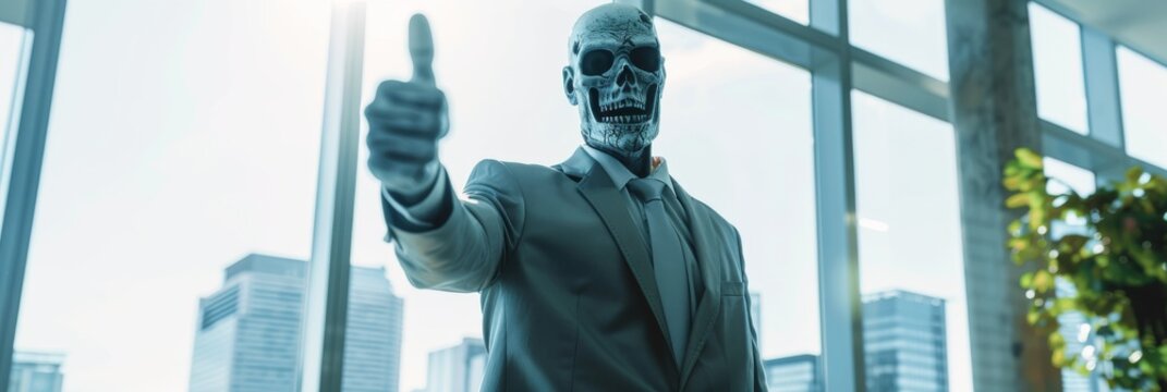 Zombie businessman giving a thumbs up in a bright modern office wearing a sharp suit confident smile with city view behind