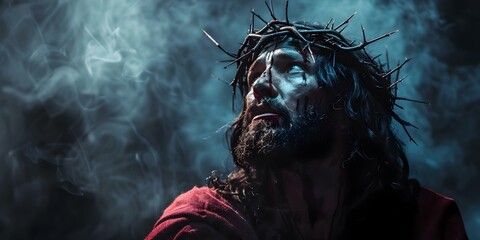 Depiction of Jesus Christ wearing a crown of thorns in digital art. Concept Religious Art, Digital Illustration, Jesus Christ, Biblical Depictions, Crown of Thorns - obrazy, fototapety, plakaty
