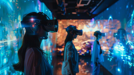 Futuristic Metaverse Digital Virtual Reality Technology. People with glasses and a headset VR connected to the virtual in pubic space - obrazy, fototapety, plakaty