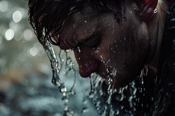 Intense close-up of a man's face being splashed with water, capturing the raw emotion and dynamic movement of liquid in high detail.

 - obrazy, fototapety, plakaty