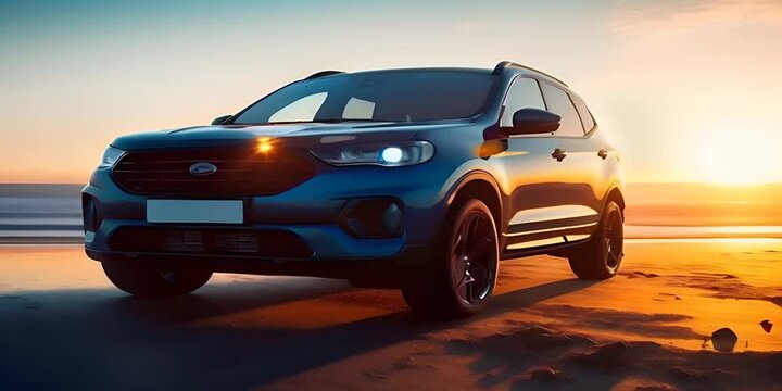  car SUV new luxury of view Front background sunset beautiful of sea the at road concrete on design modern and car SUV Compact