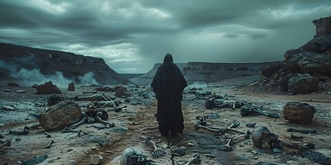 Ezekiel stands in a desert valley surrounded by scattered bones dramatic. Concept Desolate Landscape, Ezekiel the Prophet, Scattered Bones, Dramatic Setting, Biblical Scene - obrazy, fototapety, plakaty