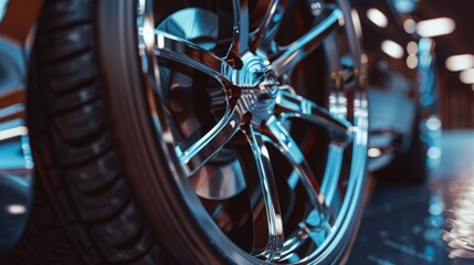 A close-up photo of a modern car's alloy wheel with intricate spokes and a gleaming finish