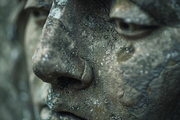 A close-up of a stone sculpture's weathered face, highlighting intricate details and the passage of time.

