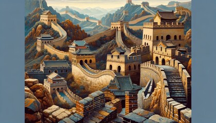 An artistic depiction of different segments of the Great Wall from various dynasties, showcasing the diverse architectural styles and materials used t.