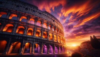 Fototapeta premium The Colosseum under a breathtaking sunset, with the sky painted in vibrant shades of orange, pink, and purple.