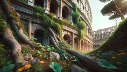 The Colosseum overtaken by nature, with ivy and various plants growing over its ancient stones. - obrazy, fototapety, plakaty