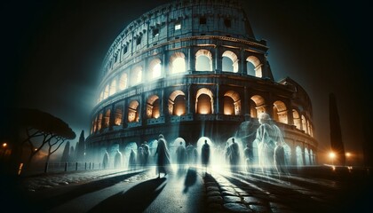 A ghostly, ethereal image of The Colosseum, with transparent figures of gladiators and ancient Romans appearing as if echoes of the past are momentari. - obrazy, fototapety, plakaty