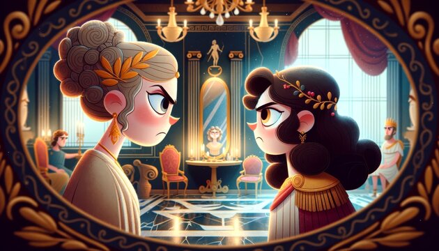 A whimsical animated art style image showing Clytemnestra confronting Cassandra, Agamemnon’s captive.