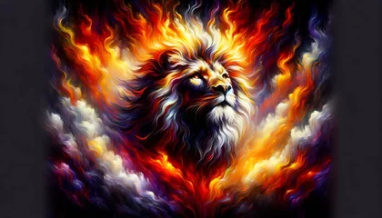 Foto op Plexiglas anti-reflex A majestic lion emerging from an abstract fiery background, symbolizing the strength and royalty of the Lion of Judah. © FantasyLand86