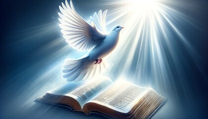 A white dove ascending towards a bright beam of light emanating from an open Bible, symbolizing the Holy Spirit and the truth found in scripture.