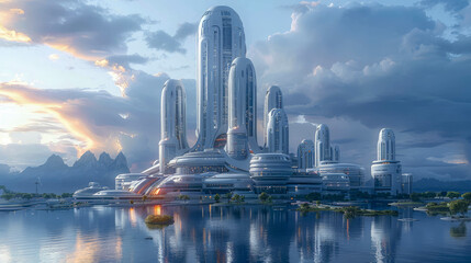 Beautiful panoramic view of the futuristic skyscrapers