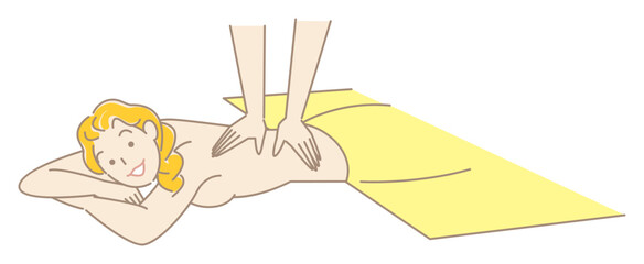 うつ伏せに寝てマッサージを受けている裸の可愛い女性 シンプル イラスト ベクター