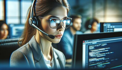 An image of a technical support agent troubleshooting an issue for a customer, her eyes are focused on the monitor in front of her, reflecting in her .