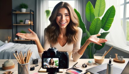An image of a vlogger recording a new segment for her lifestyle channel, the vlogger is smiling and animated, gesturing towards the camera as if expla.