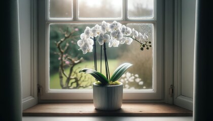 A potted flowering orchid with delicate white blooms placed on a window ledge.