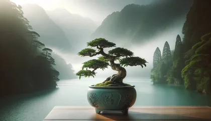 Gordijnen A bonsai tree in an elegant ceramic pot positioned on a window-side table, with a serene, foggy lake view in the background. © FantasyLand86