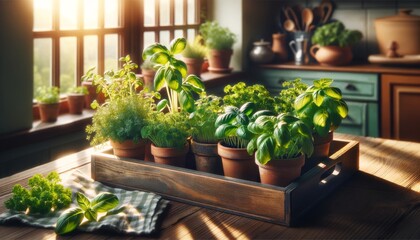 An herb garden tray with various herbs like basil, mint, and parsley on a kitchen window sill, with morning light streaming in. - obrazy, fototapety, plakaty