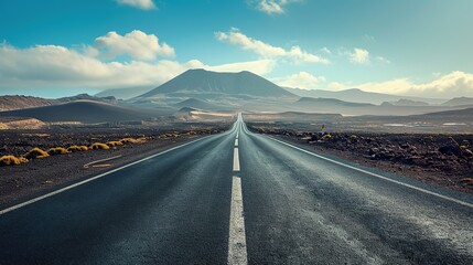Image related to unexplored road journeys and adventures.Road through the scenic landscape to the destination in Lanzarote natural park. - obrazy, fototapety, plakaty