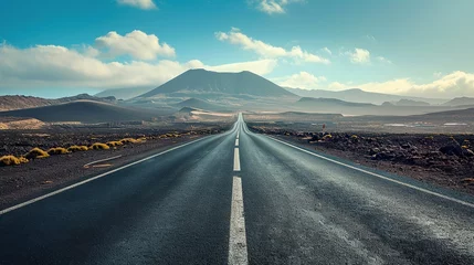 Poster Image related to unexplored road journeys and adventures.Road through the scenic landscape to the destination in Lanzarote natural park. © Naknakhone