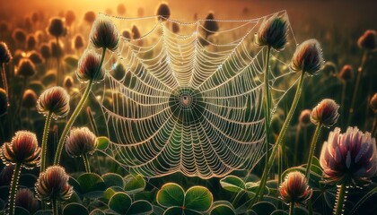 A detailed image showing a close-up of a spiderweb woven between clover stems, with the delicate threads beaded with morning dew. - obrazy, fototapety, plakaty
