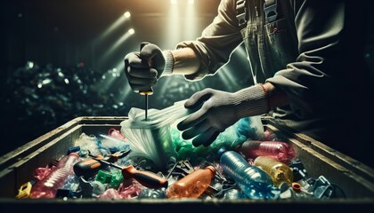A close-up shot of hands using tools to dismantle a plastic item, showing the separation of different types of plastics. - obrazy, fototapety, plakaty