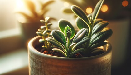 A detailed, high-resolution image capturing a close-up of a potted plant similar to the one in the uploaded photo, with a focus on a new shoot or bud.