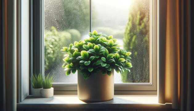 A detailed, high-resolution image capturing a medium shot of the same type of potted plant placed on a window sill with raindrops clearly visible.