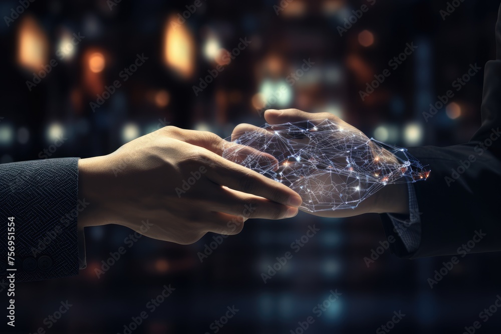 Poster ai machine learning hands of a robot and a human touching on a big data network connection, close up