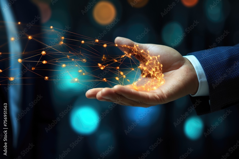 Poster ai machine learning hands of a robot and a human touching on a big data network connection, close up