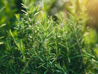 Sprigs of rosemary and thyme close-up, focus on their vibrant colors and texture, symbolizing flavor and aroma