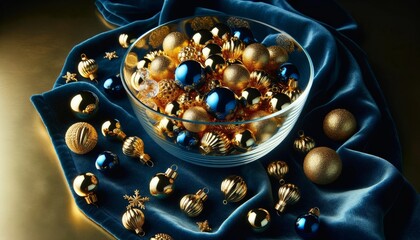 A medium shot of a group of gold ornaments in a clear glass bowl, with a few blue ornaments scattered around the bowl on a navy blue velvet cloth.