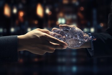 AI machine learning hands of a robot and a human touching on a big data network connection, Close up of businessman hand holding connection lines on dark bokeh background, Ai generated