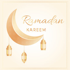 Ramadan kareem background with hanging golden lanterns, and golden crescent moon with arabic pattern. Islamic background for posters, banners, greeting cards. ramadan, eid, mubarak and muslim culture