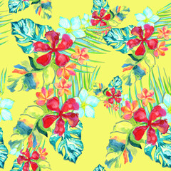 Tropical watercolor floral seamless vintage print on sunny yellow background
