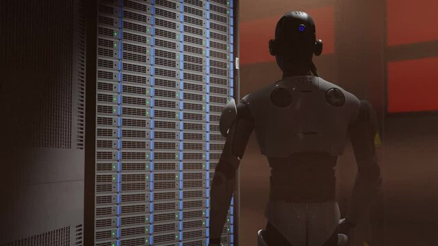 cyborg humanoid in to server internet hi tech red alarm room with red light alert dangerous security system artificial intelligence taking over in 3d rendering animation cybersecurity war 