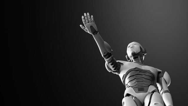 humanoid cyborg prototype moving arm and showing palm hand empty space for adding object , black deep space background, artificial intelligence concept of futuristic scenario 3d rendering animation 