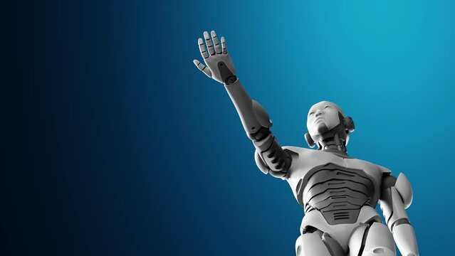 humanoid cyborg prototype moving arm and showing palm hand empty space for adding object , artificial intelligence concept of futuristic task scenario 3d rendering animation low angle