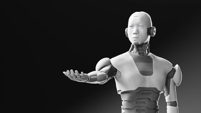 humanoid cyborg prototype moving arm and showing palm hand empty space for adding object , dark black empty space  background, artificial intelligence futuristic task scenario 3d rendering animation 