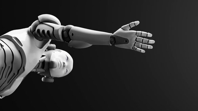 humanoid cyborg prototype moving arm and showing palm hand empty space for adding object , black dark space sky background, artificial intelligence futuristic task scenario 3d rendering animation 