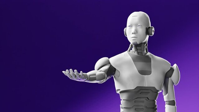 cyborg prototype moving arm and showing palm hand empty space for adding object , artificial intelligence concept of futuristic task scenario 3d rendering animation 