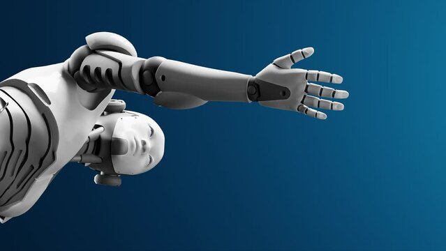 humanoid cyborg prototype moving arm and showing palm hand empty space for adding object , blue sky  background, artificial intelligence concept of futuristic task scenario 3d rendering animation 