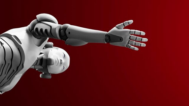 humanoid cyborg prototype moving arm and showing palm hand empty space for adding object , red background, artificial intelligence futuristic task scenario 3d rendering animation view low angle