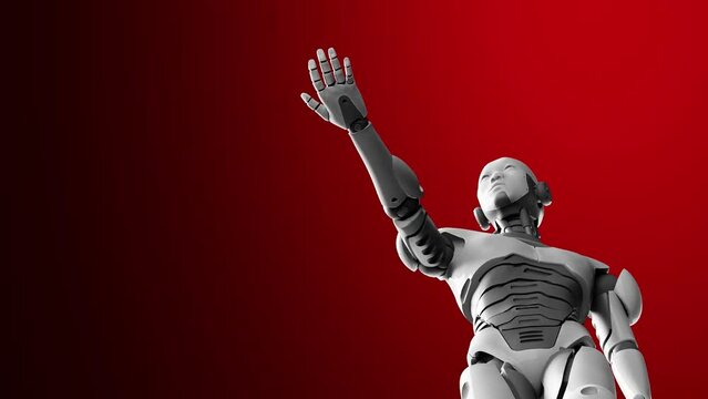humanoid cyborg prototype moving arm and showing palm hand empty space for adding object , red  background, artificial intelligence futuristic low angle view 
