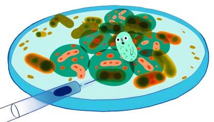 A whimsical animated art image of a group of bacteria on a microscopic slide.