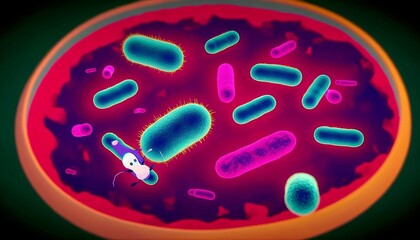 A whimsical animated art image of a group of bacteria on a microscopic slide 2.