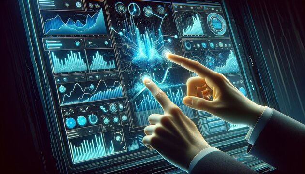 Envision a whimsical animated art style image that features a close-up of a financial analyst's hands pointing at specific points.