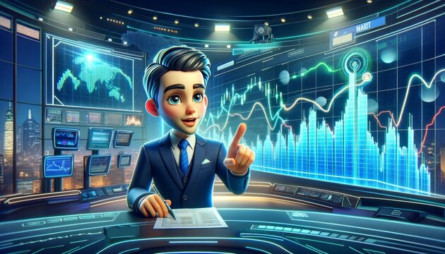 Craft a whimsical animated art style image that depicts a medium shot of a stock market analyst broadcasting live.